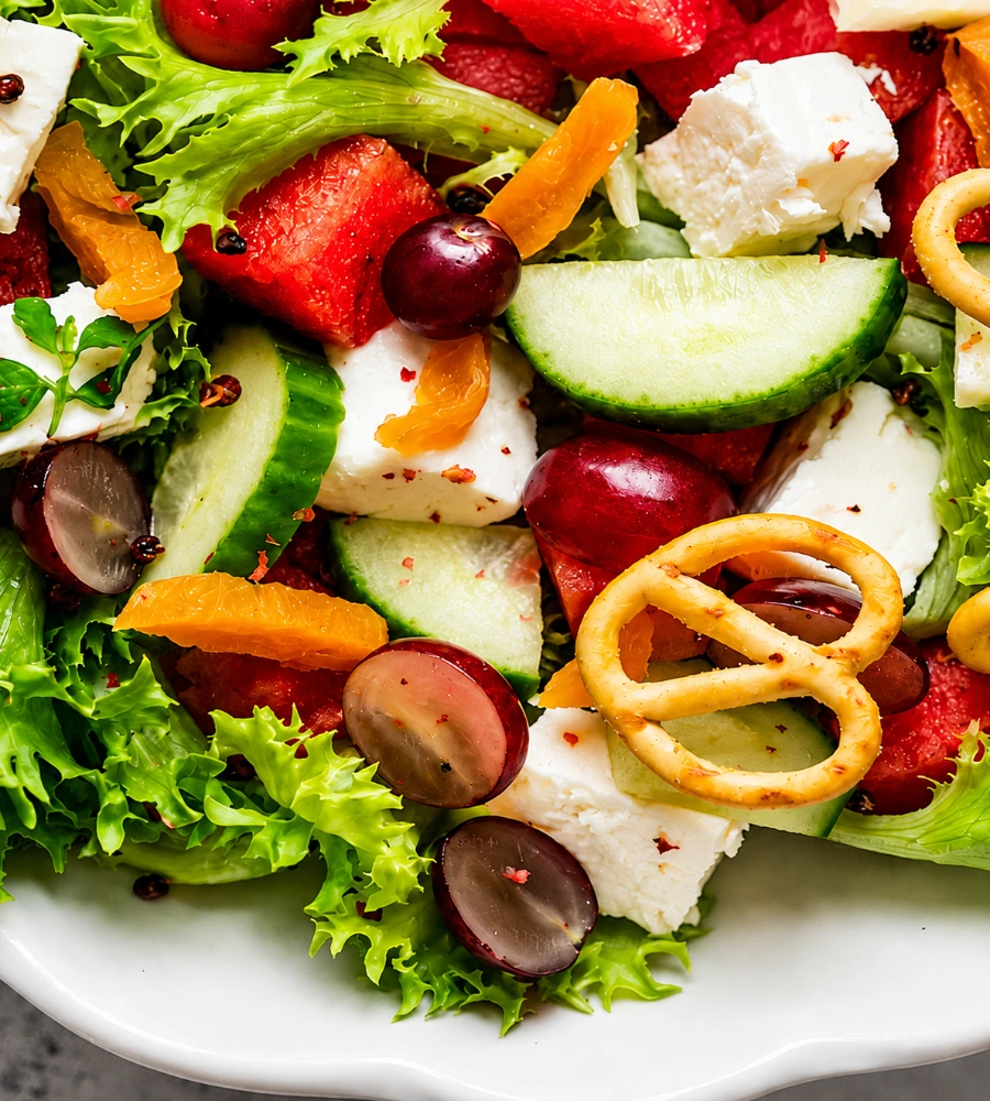 Ensalada con hojas verdes, fresas, pepino, queso, aceitunas y aros de cebolla