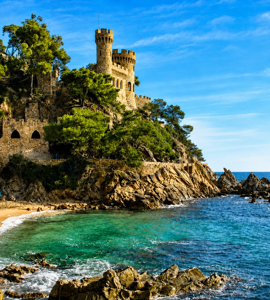 Torre de un castillo junto al mar, acantilado con &aacute;rboles y rocas.