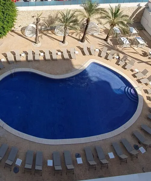 Piscina azul con tumbonas y palmeras en un patio soleado