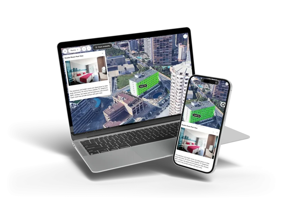 Laptop y smartphone muestran vista de habitaciones y reservas de hotel.