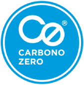 Selo redondo azul com texto "Carbono Zero" em branco.
