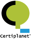 Logotipo com design circular verde e preto e barra azul na base.