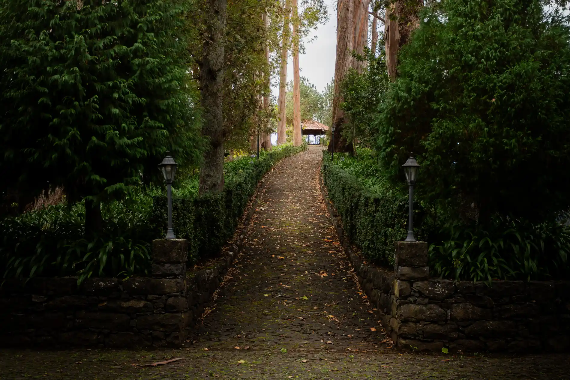 Caminho pedregoso cercado de &aacute;rvores e arbustos, levando a um pavilh&atilde;o.