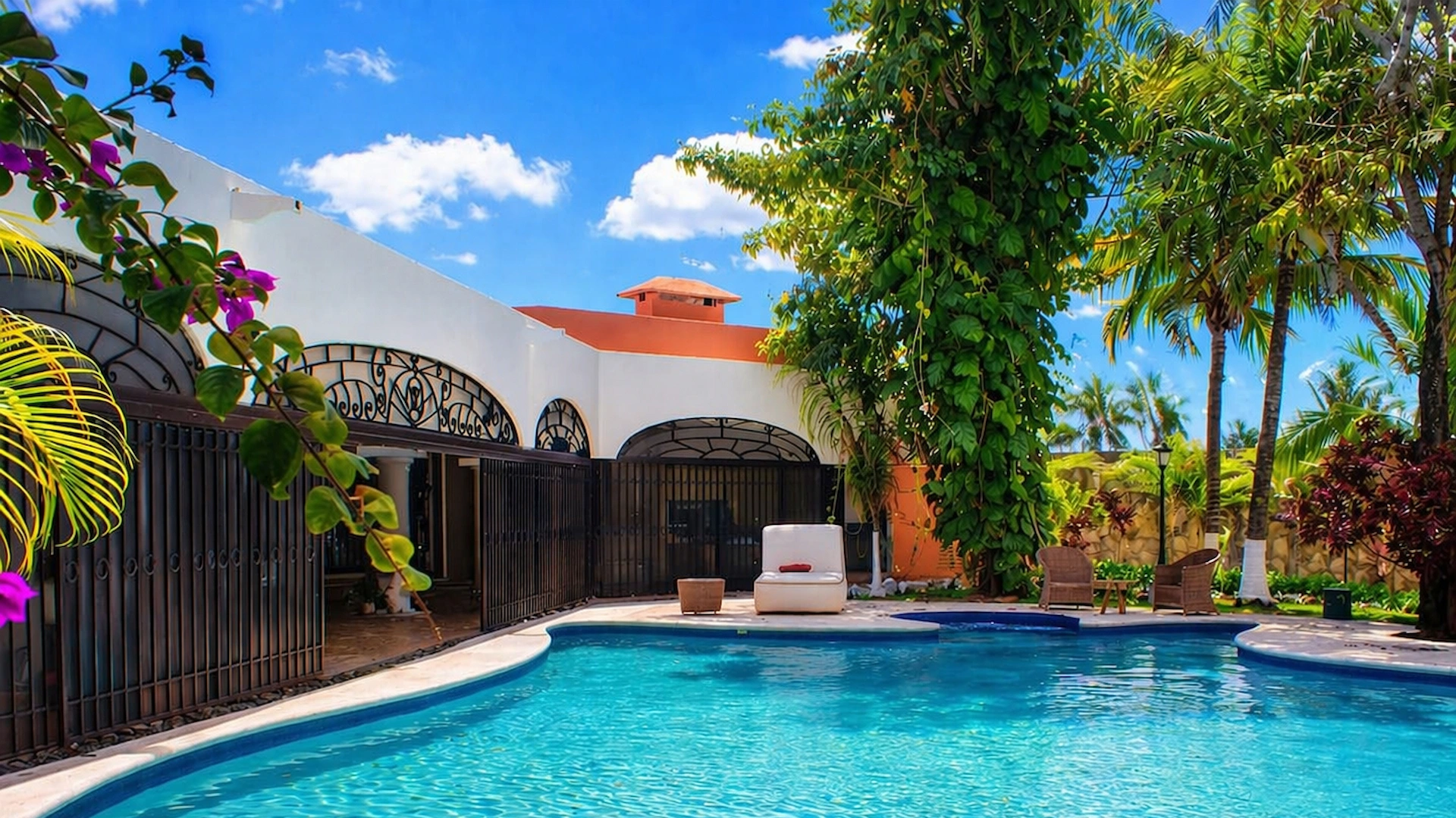 Piscina al aire libre rodeada de palmeras y una casa blanca.