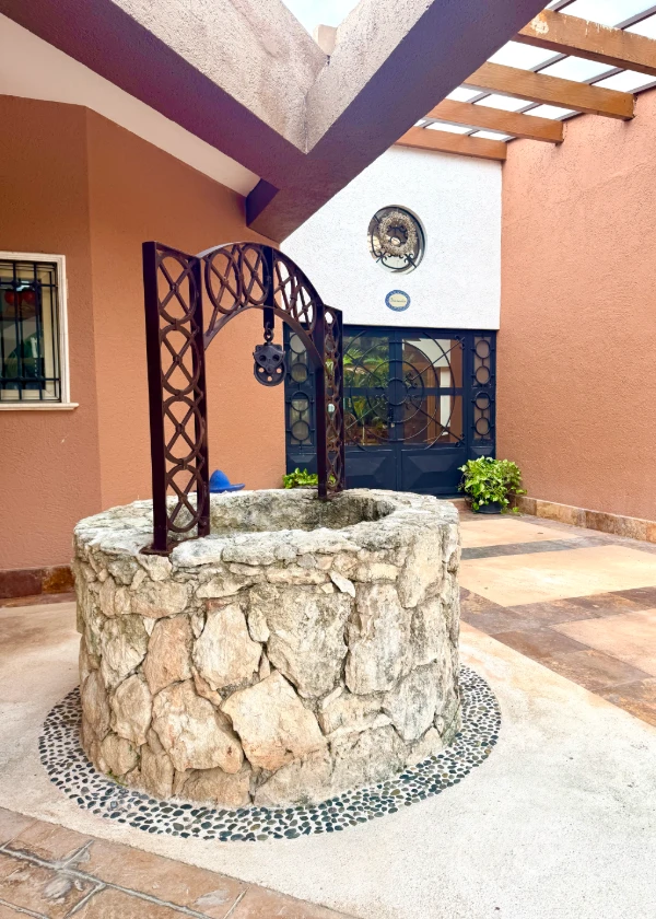 Pozo de piedra en un patio con paredes de color terracota y puerta negra.