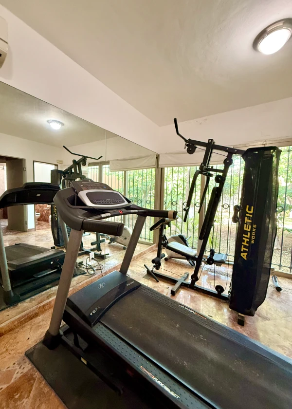 Gimnasio en casa con caminadora y m&aacute;quina de pesas junto a un espejo grande.