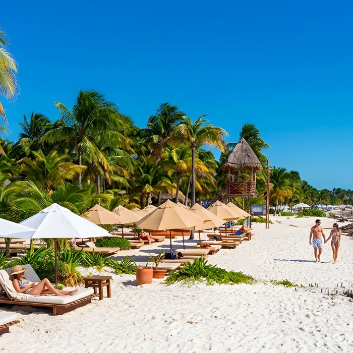 Playa con palmeras, sombrillas y turistas disfrutando del sol.
