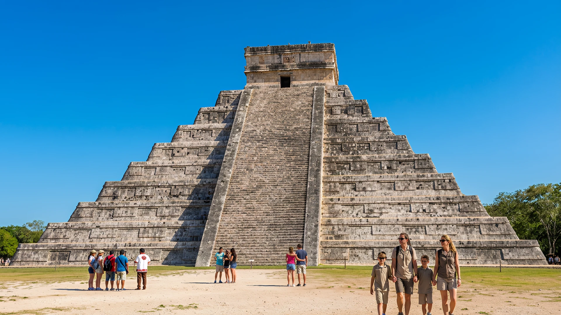Pir&aacute;mide El Castillo en Chich&eacute;n Itz&aacute; con visitantes observando.