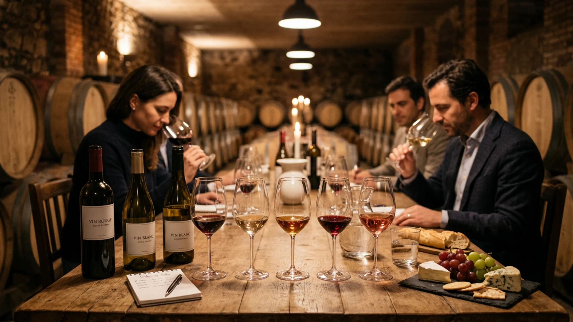 Personas degustando vino en una bodega, rodeadas de copas y botellas.