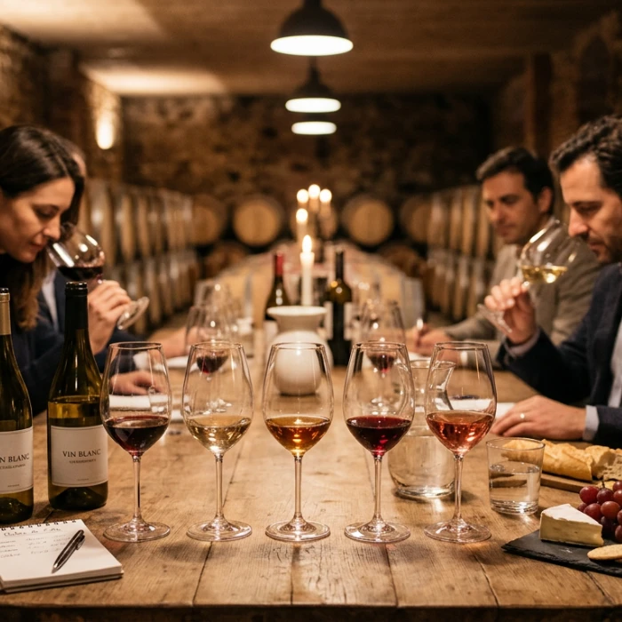 Personas degustando vino en una bodega con copas y botellas sobre la mesa.