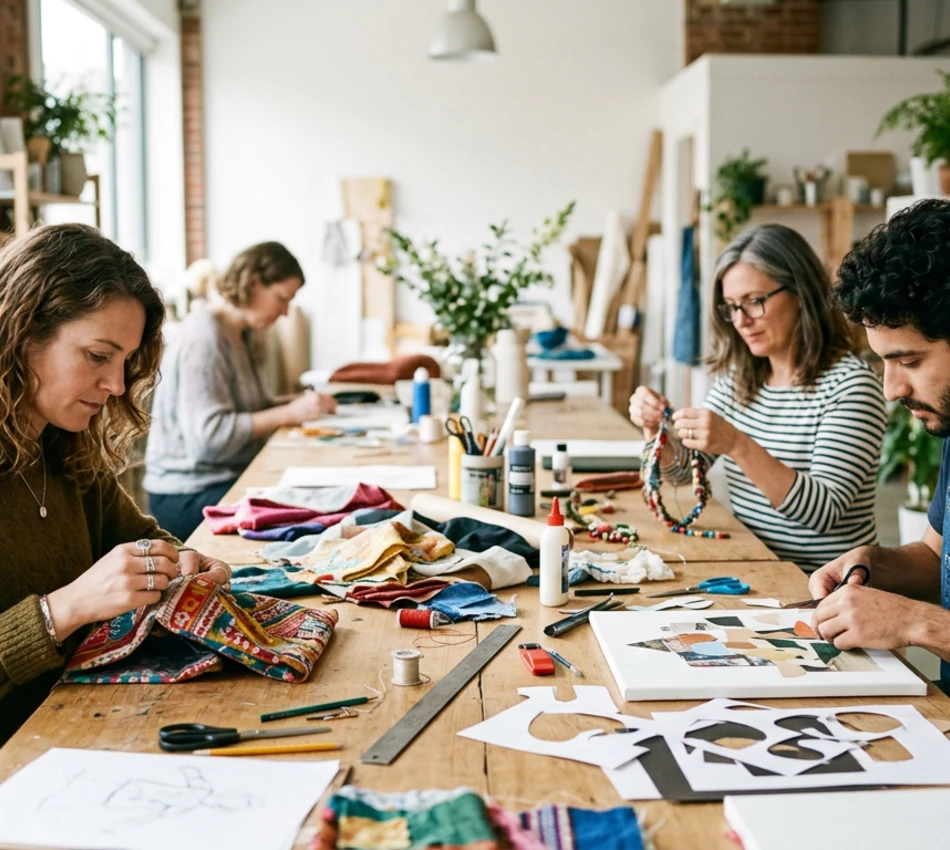 Personas creando manualidades en una mesa amplia rodeada de materiales.