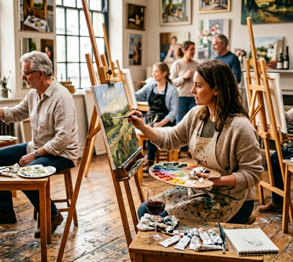 Personas pintando en un estudio de arte con lienzos y paletas de colores.
