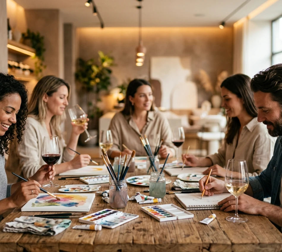 Grupo de personas pintando y tomando vino en una mesa.