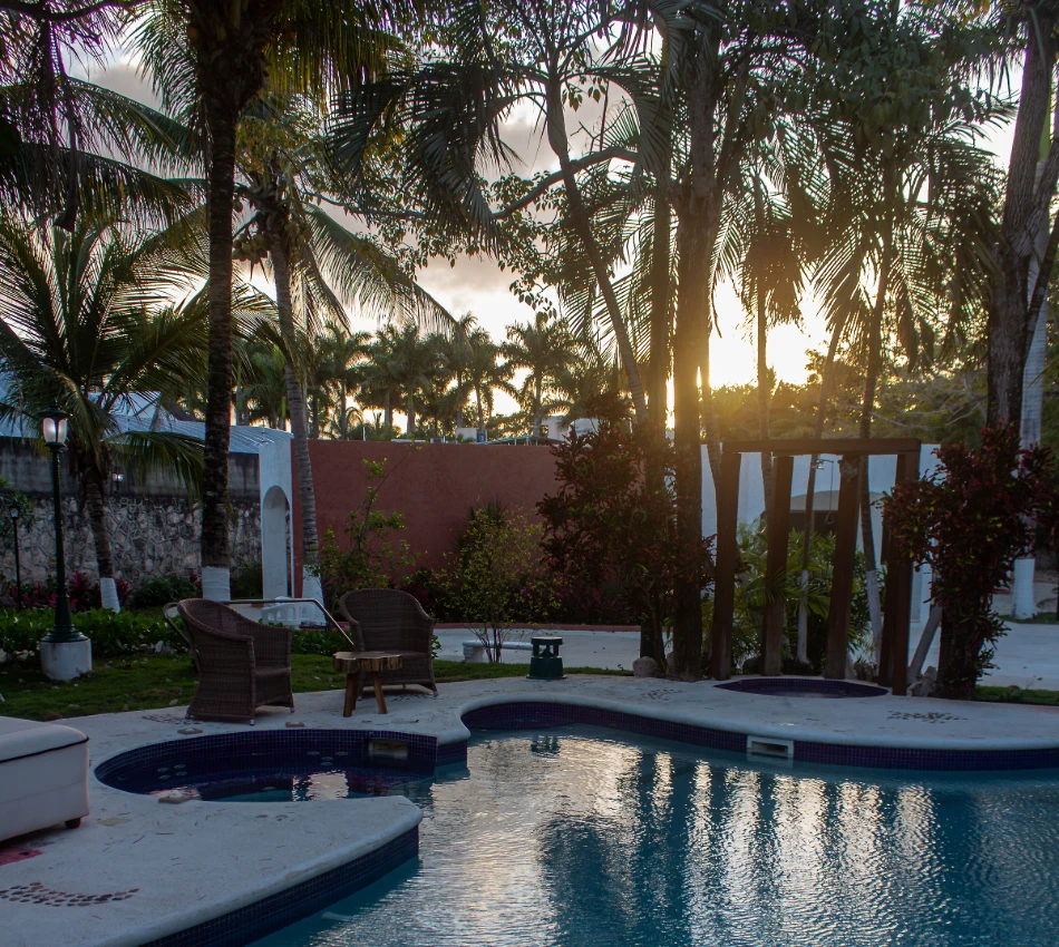 Piscina al atardecer entre palmeras y sillas de mimbre.