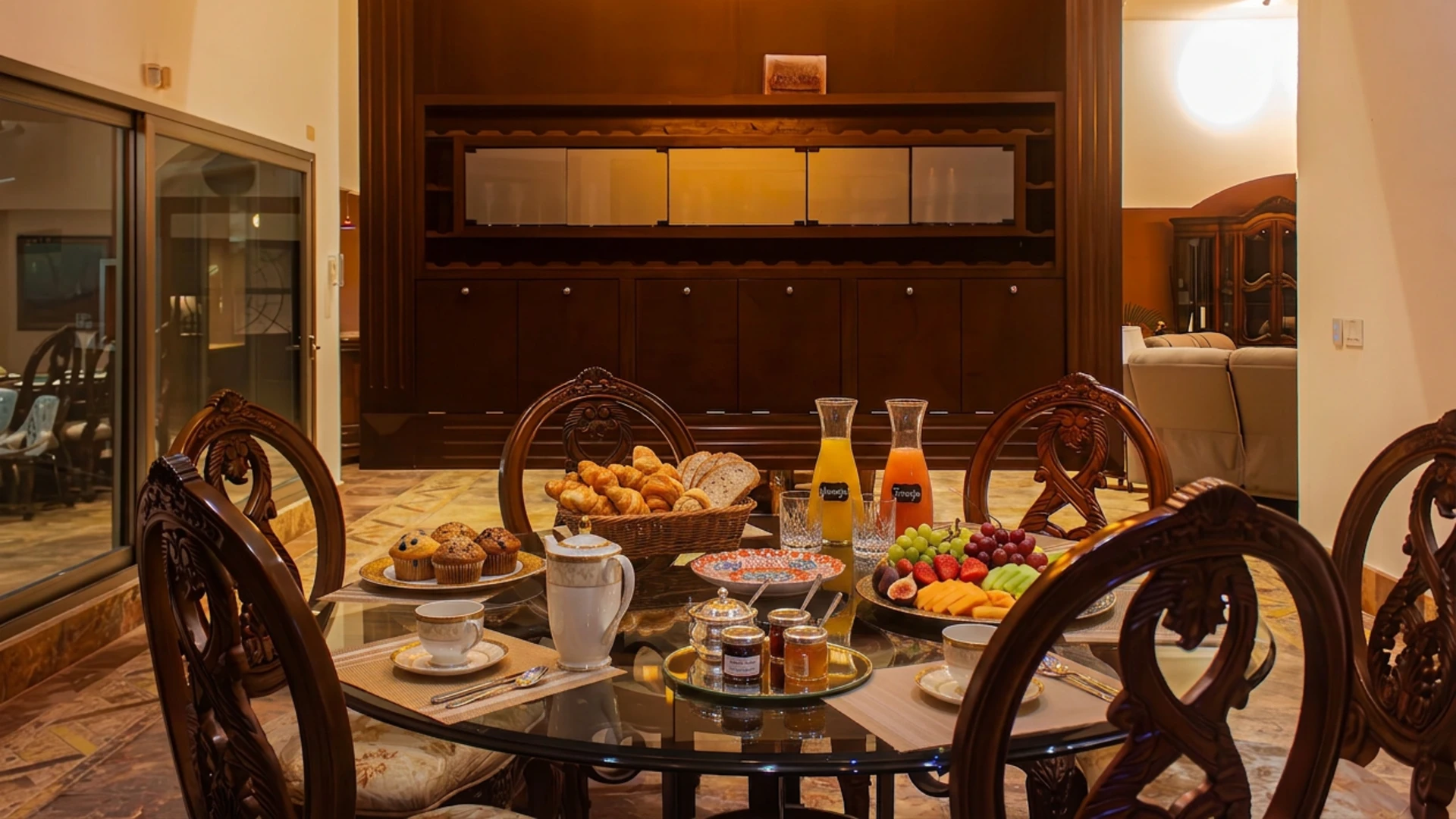 Mesa elegante con desayuno variado: pan, croissants, fruta y jugo.