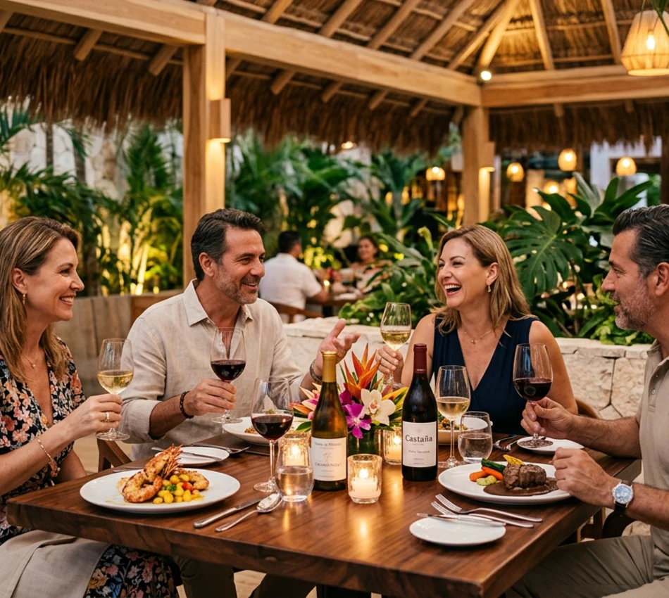 Cuatro personas cenando y brindando en un restaurante elegante y acogedor.