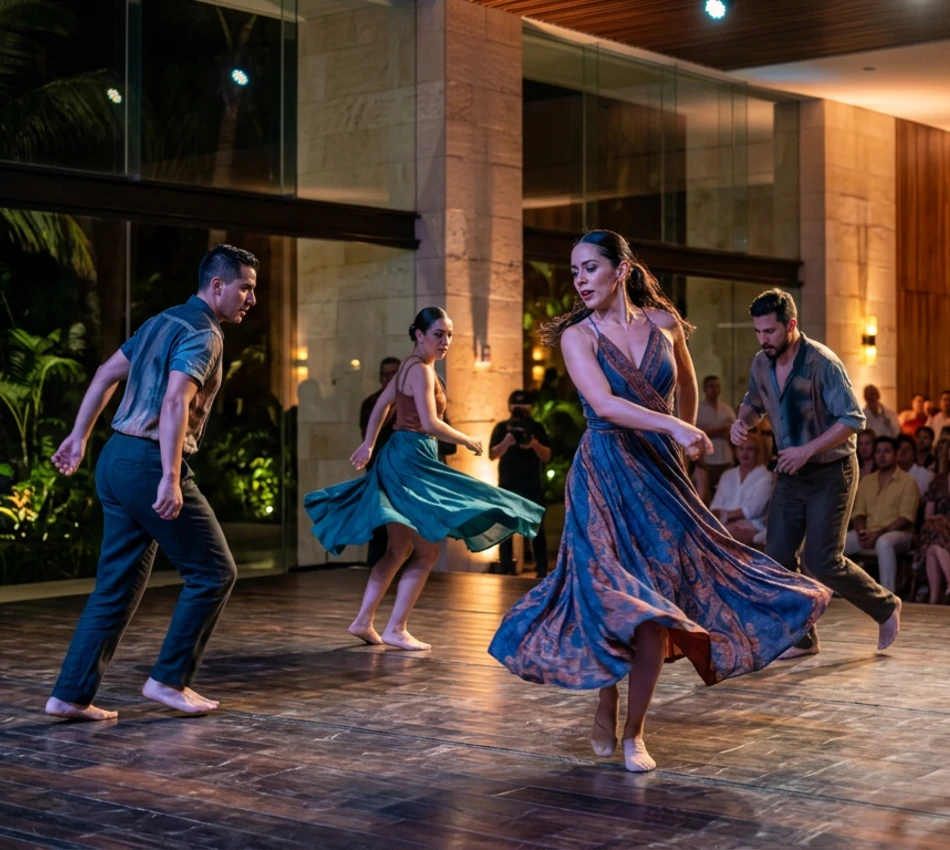 Cuatro bailarines descalzos danzan en un escenario iluminado en interiores.