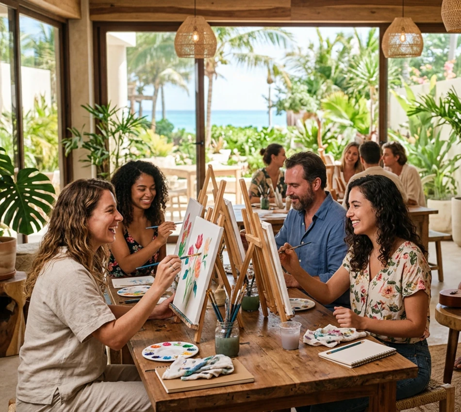 Personas pintando juntas en un estudio luminoso con vista al jard&iacute;n.