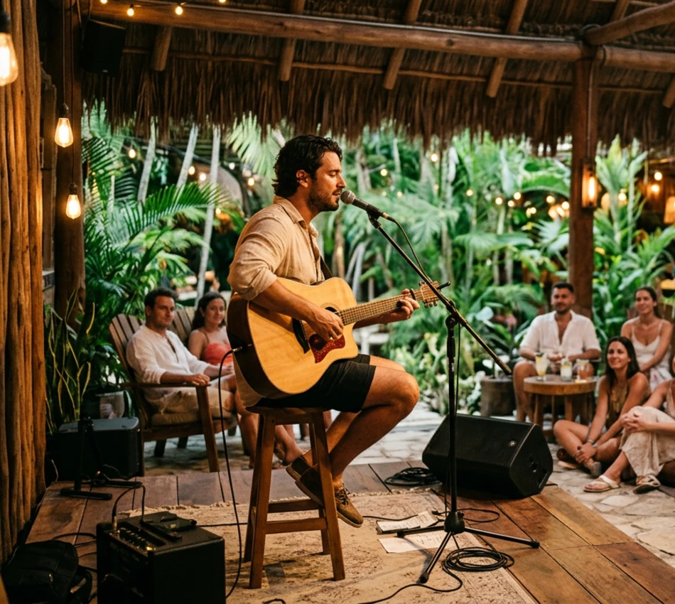 Hombre tocando guitarra en vivo en un lugar tropical, p&uacute;blico relajado alrededor.