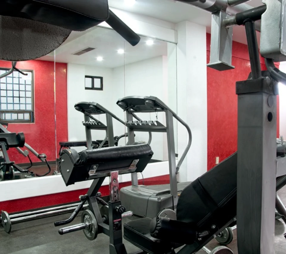 Gimnasio con cintas de correr, m&aacute;quinas de pesas y espejo grande.