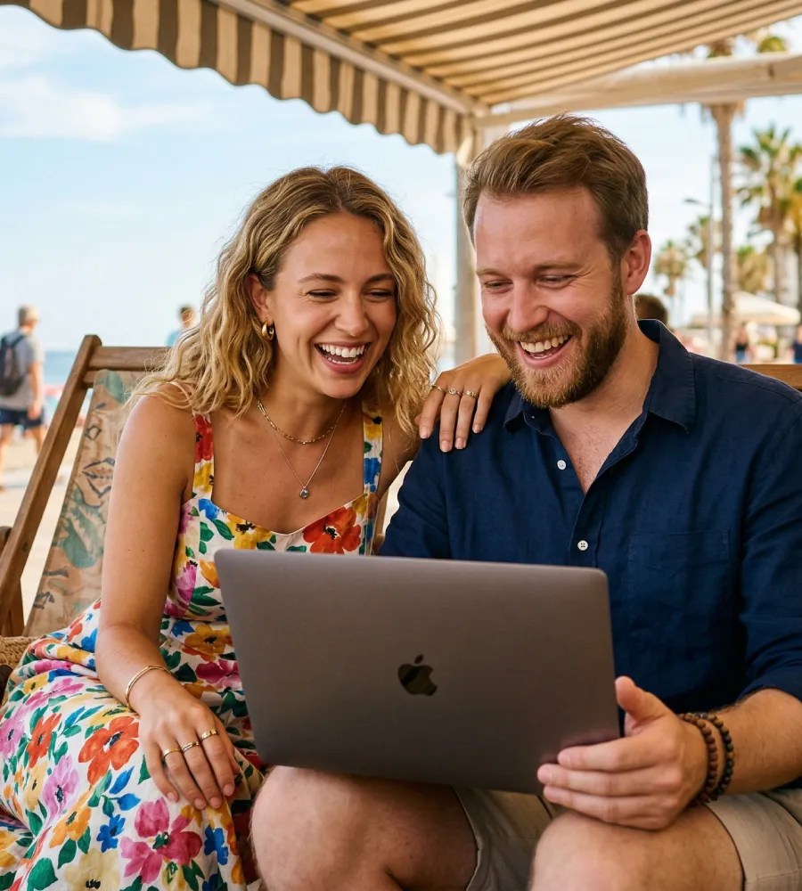 Pareja sonr&iacute;e mientras ve una laptop en un lugar al aire libre.