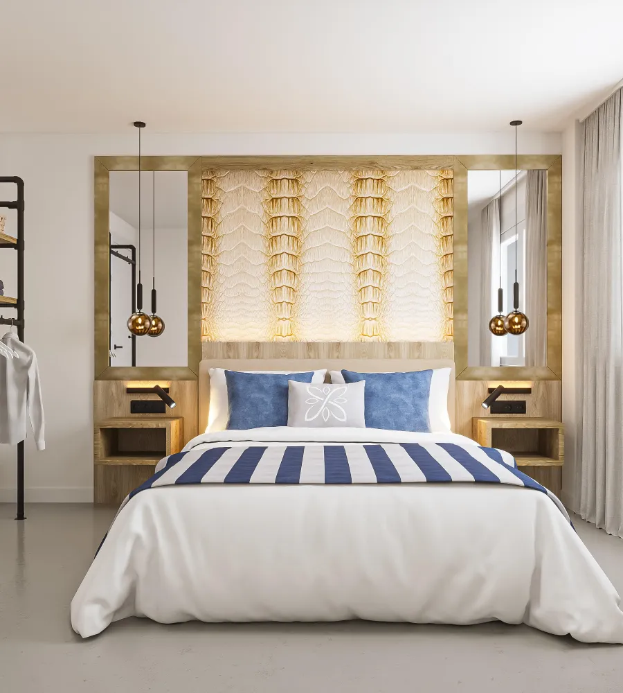 Dormitorio moderno con cama doble, cojines azules y luz tenue.