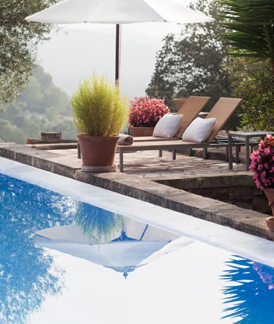 Piscina con tumbonas, sombrilla y plantas en un entorno natural.