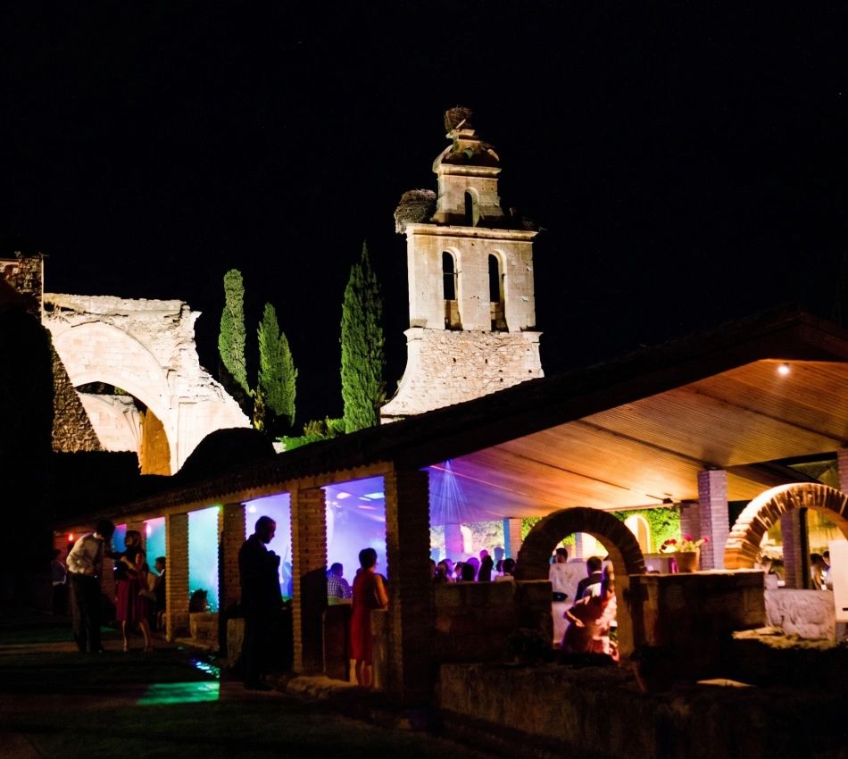 Grupo de personas en una fiesta nocturna bajo una estructura iluminada.
