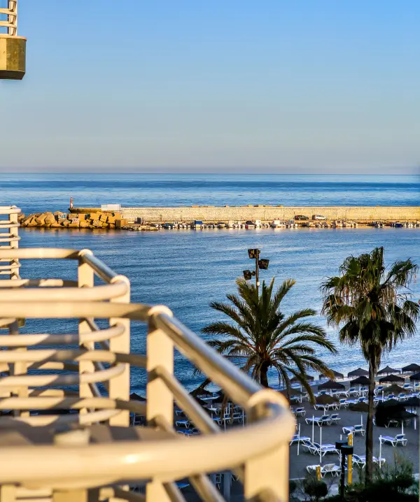 Paseo con barandilla, palmeras y muelle en la costa al atardecer