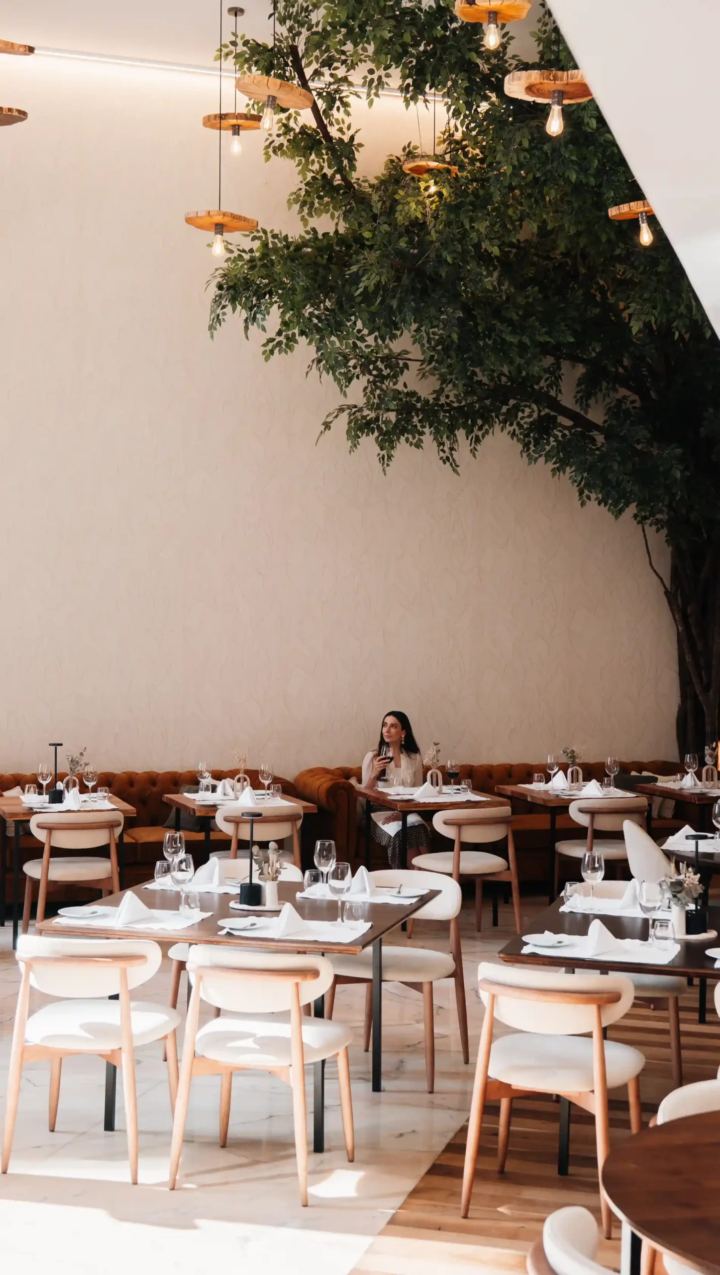 Restaurante com mesas postas, cadeiras claras e plantas suspensas iluminadas