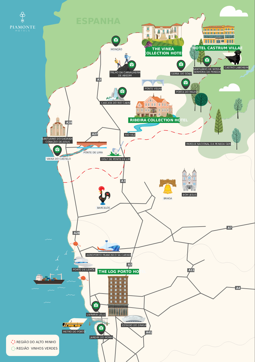 Mapa de hot&eacute;is e pontos tur&iacute;sticos nas regi&otilde;es do Minho em Portugal.