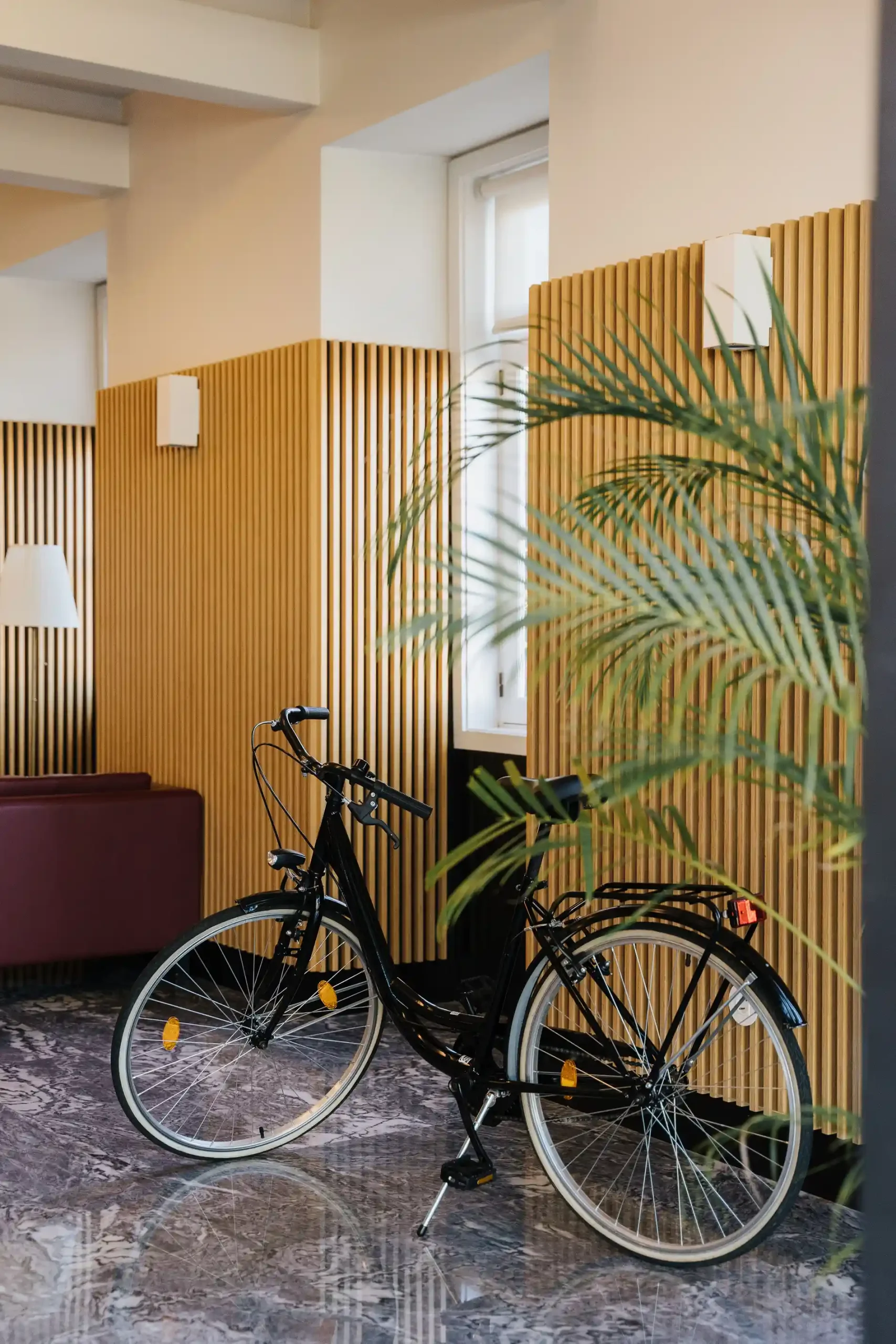 Bicicleta encostada em parede de madeira com planta ao lado.