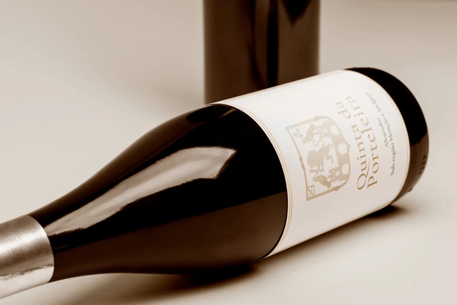 Garrafa de vinho deitada com r&oacute;tulo vis&iacute;vel em plano de fundo neutro.