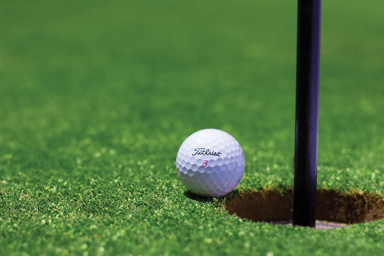 Bola de golfe branca em relva verde, ao lado de uma estaca roxa