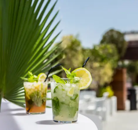 C&oacute;cteles con limonada y hierbas, servidos en mesa al aire libre