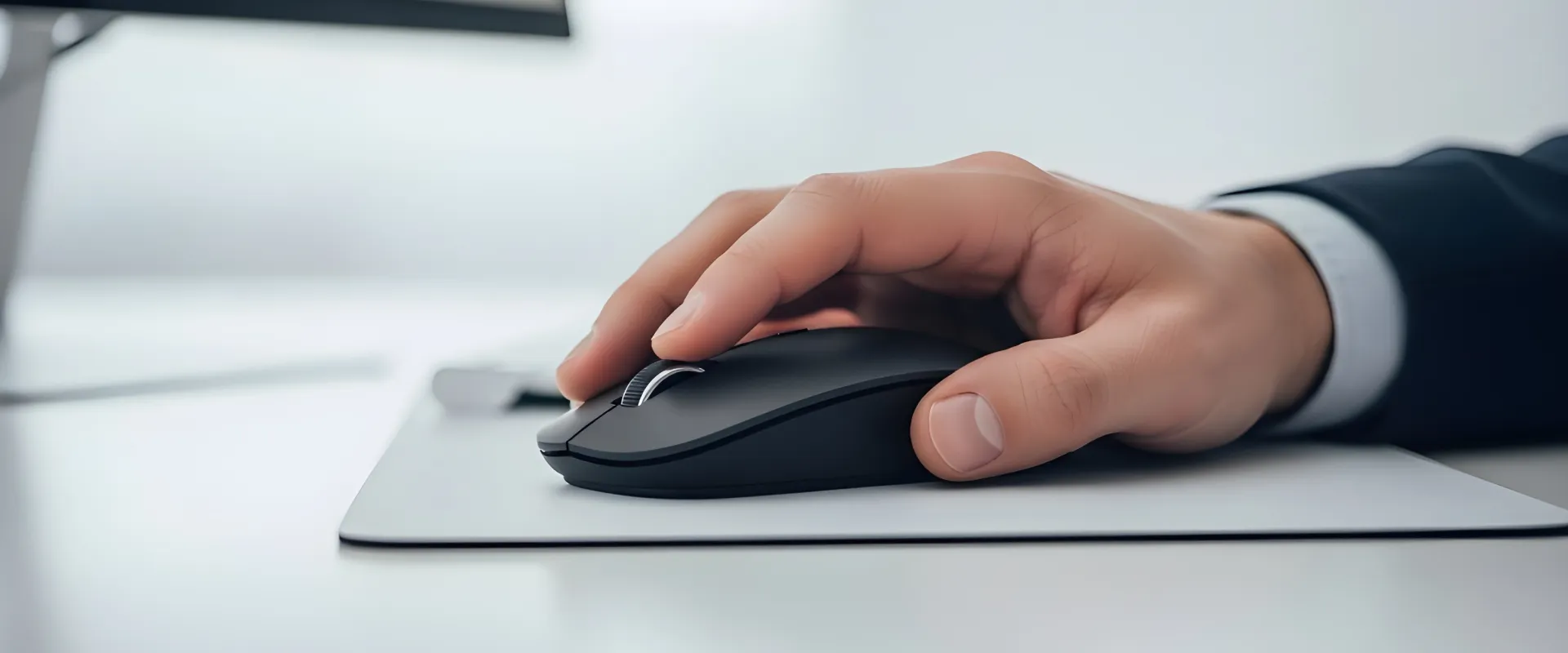 Mano usando un rat&oacute;n en un escritorio blanco.