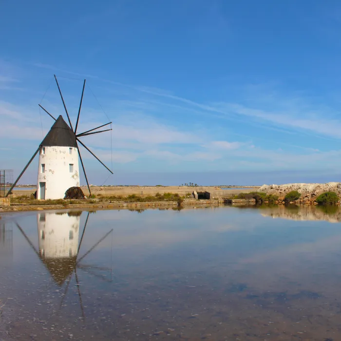 Molino de viento junto a una laguna con su reflejo, cielo azul despejado.