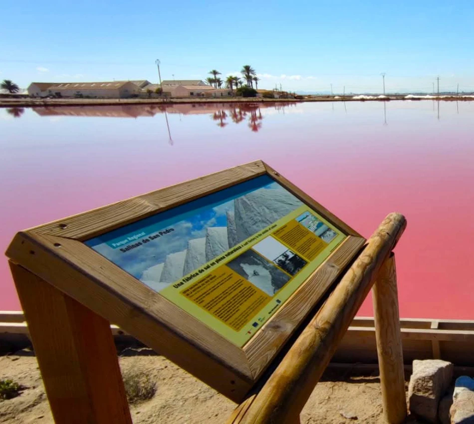 Mesa de madera con panel informativo junto a un lago rosado.