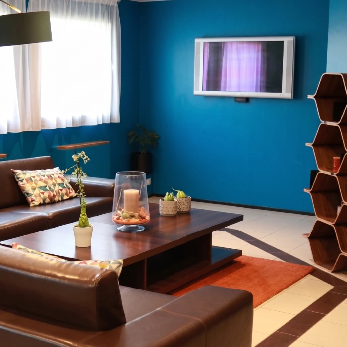 Salon moderne avec murs bleus, canap&eacute; marron, et &eacute;tag&egrave;re hexagonale.