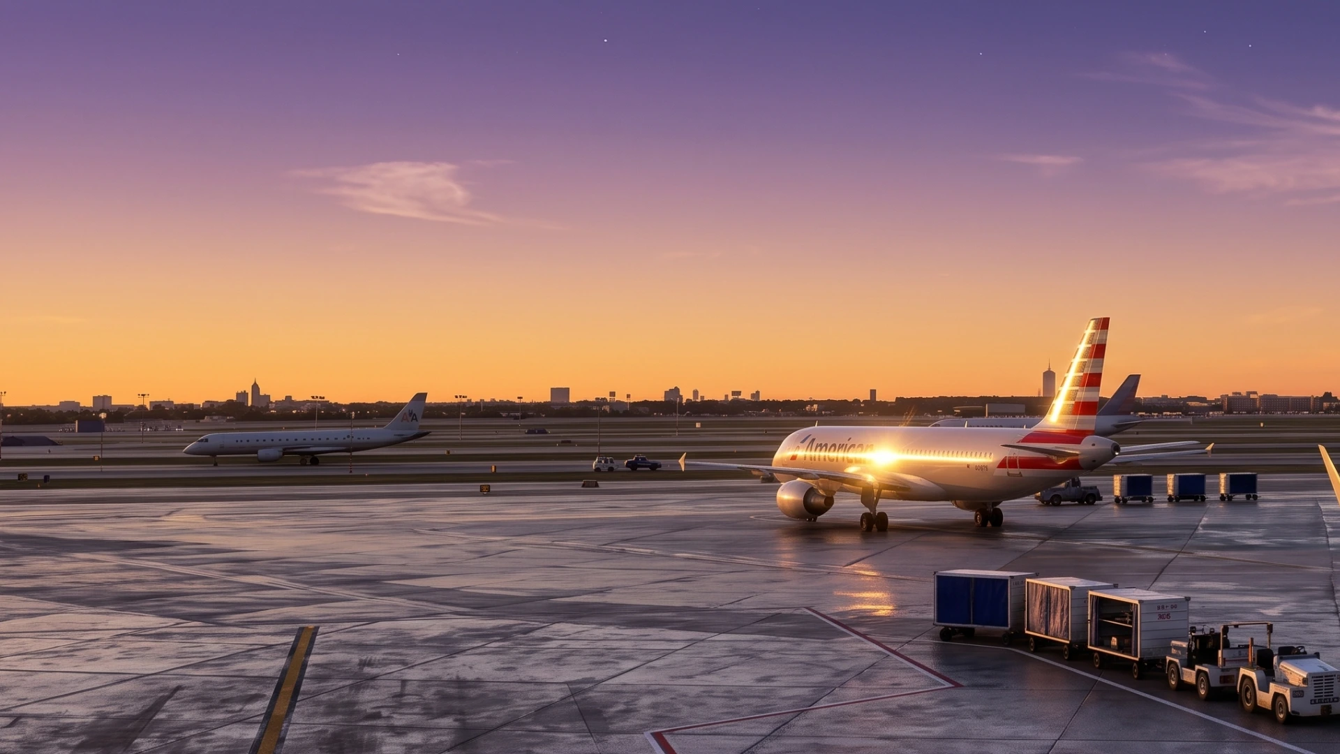 Avions au sol sur une piste d'a&eacute;roport au coucher du soleil.