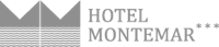 Logotipo &ldquo;Hotel Montemar&rdquo; con patr&oacute;n de alas y fondo gris.