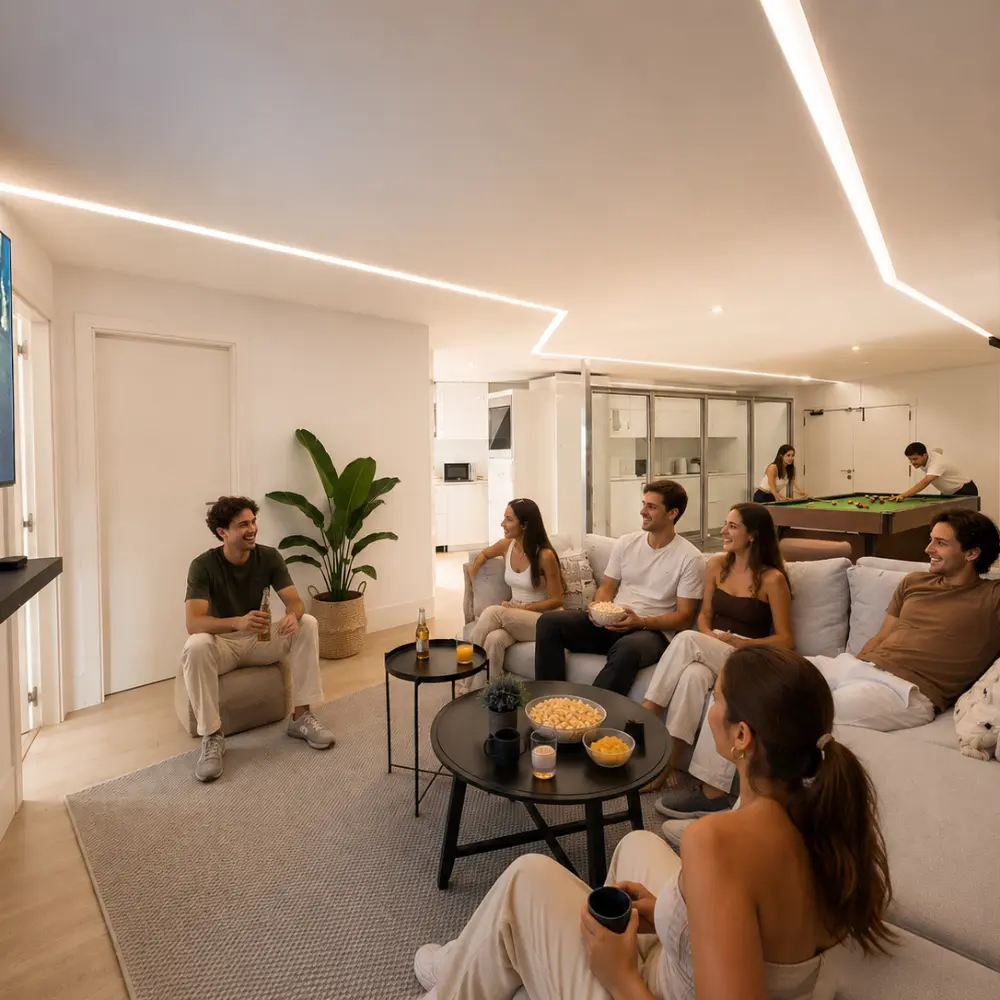 Grupo de amigos reunidos en sala moderna con mesa y botanas sobre alfombra