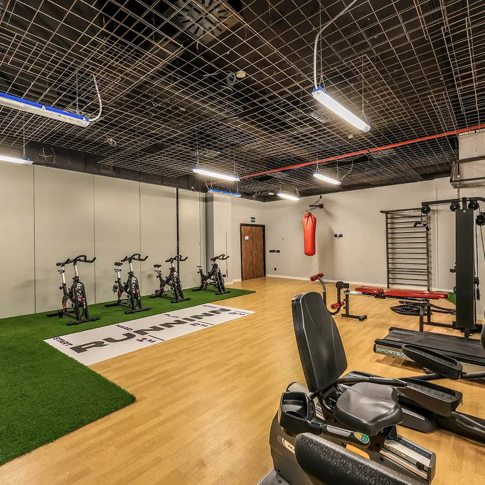Gimnasio con bicicletas est&aacute;ticas, cinta y m&aacute;quina de remo bajo techo de rejilla
