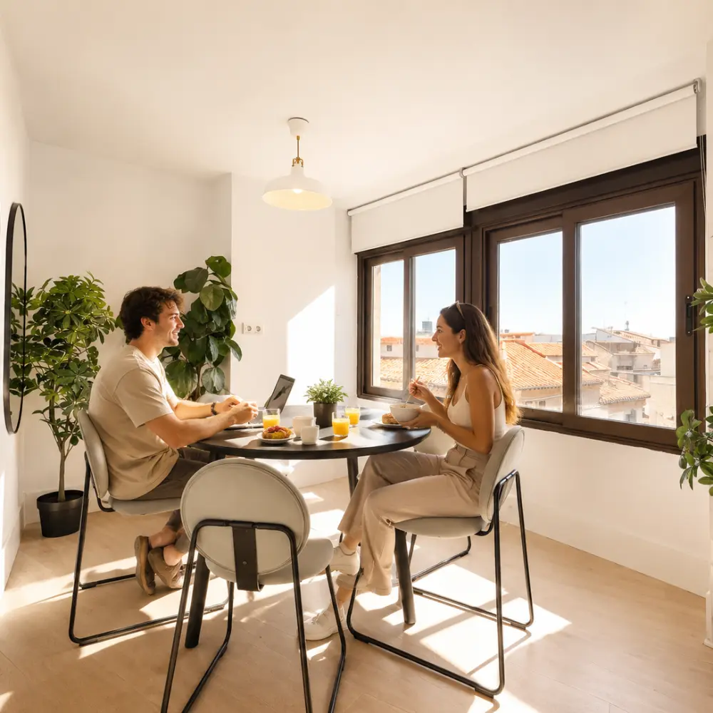 Pareja desayunando en terraza interior con luz natural y ventana panor&aacute;mica.