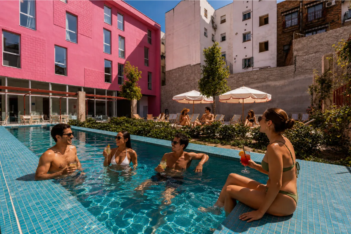 Personas nadando y bebiendo en una piscina con edificios alrededor.