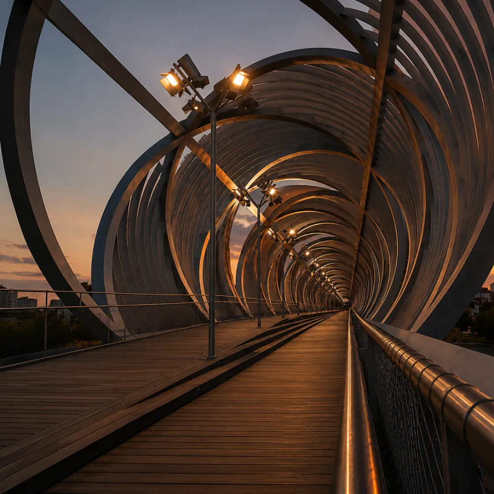 T&uacute;nel met&aacute;lico arqueado con luces en fila, pasarela de madera al atardecer