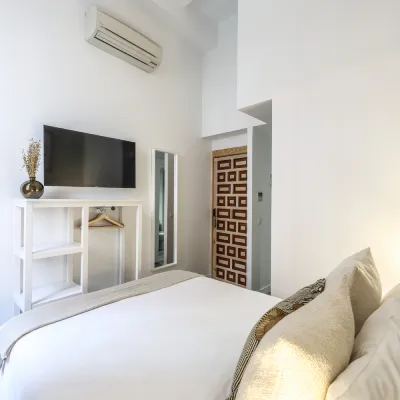 Habitaci&oacute;n moderna con cama, TV y aire acondicionado en pared blanca