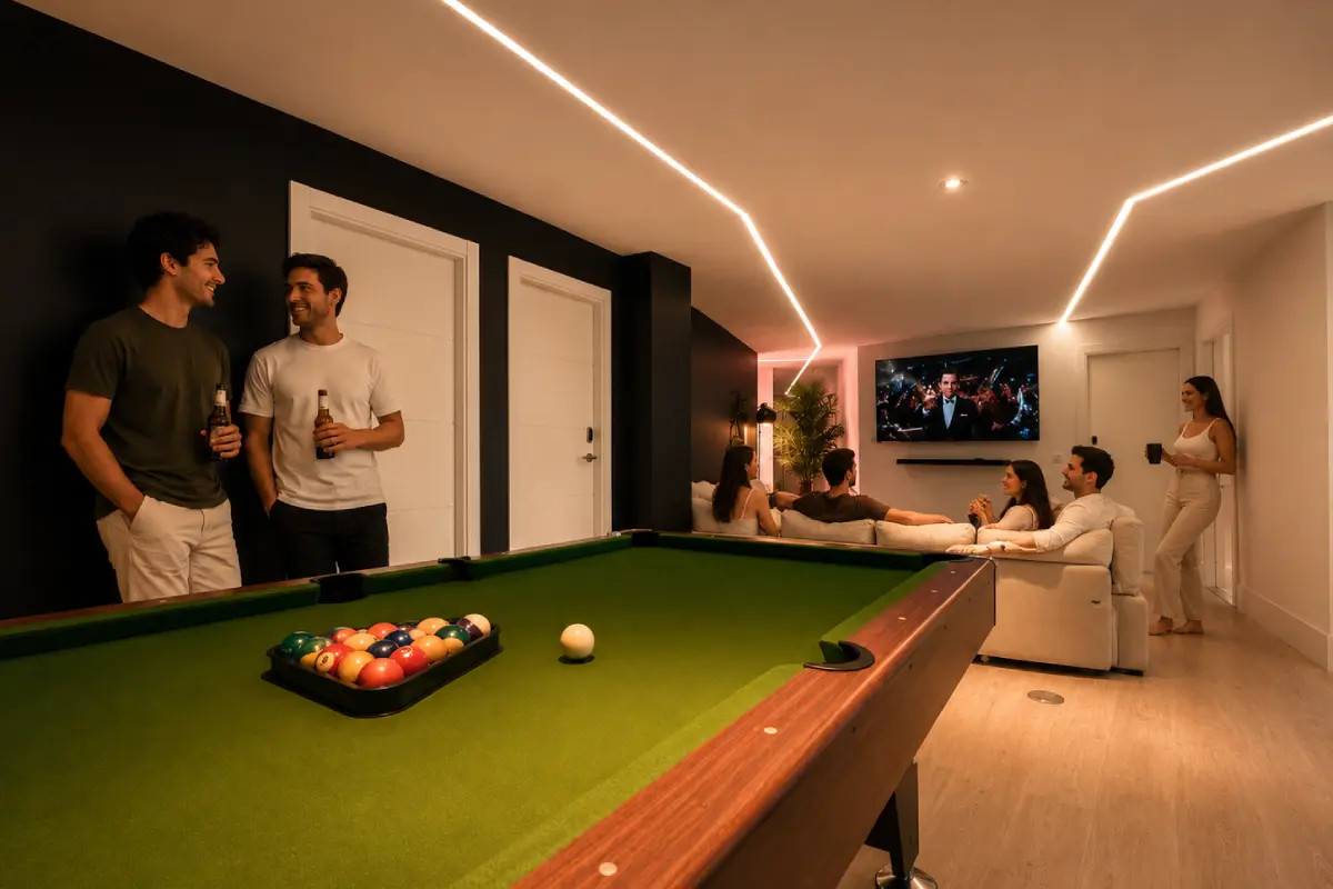 Hombres jugando pool en sala con mesa verde y luces LED, con grupo de amigos.