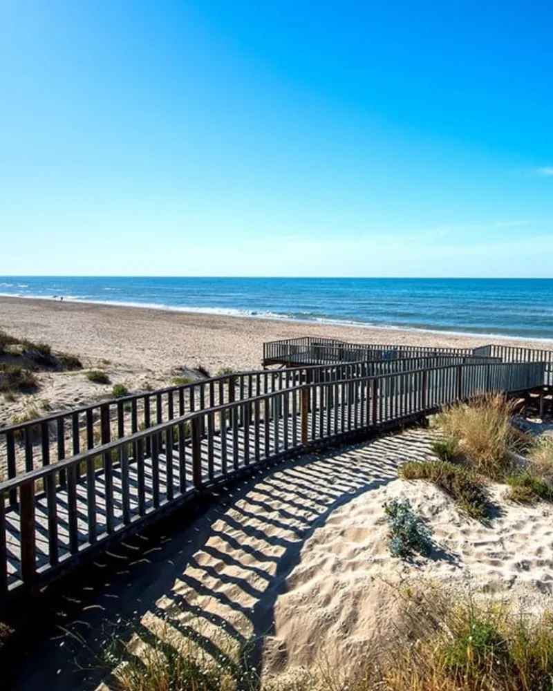 Sendero con valla hacia una playa de arena y mar azul.