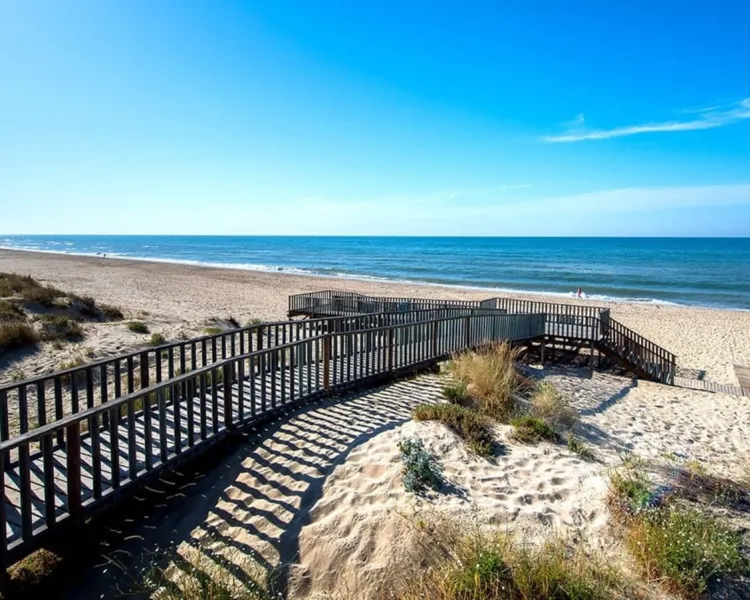 Pasarela de madera hacia la playa con dunas y vista al mar azul